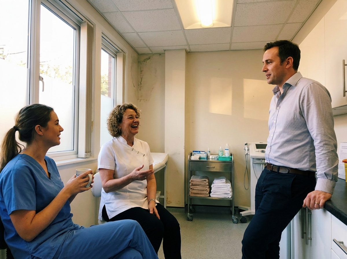 Three cosmetic clinic team members chatting in a clean break area