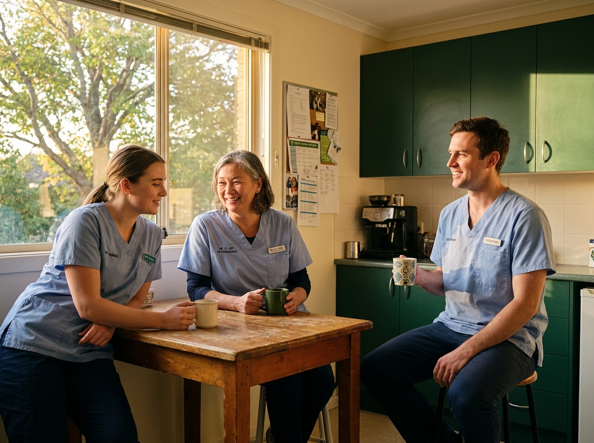Three vet team members in scrubs sharing a relaxed moment in a clinic break area