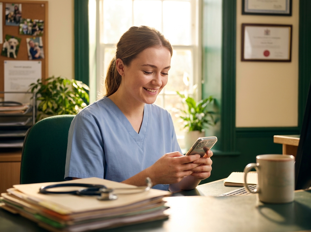 A vet team member reading a positive client message in afternoon light